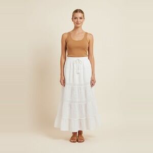 White Waves NWT Boho Maxi Skirt White Crochet Lace Eyelet Tiered Women S/M